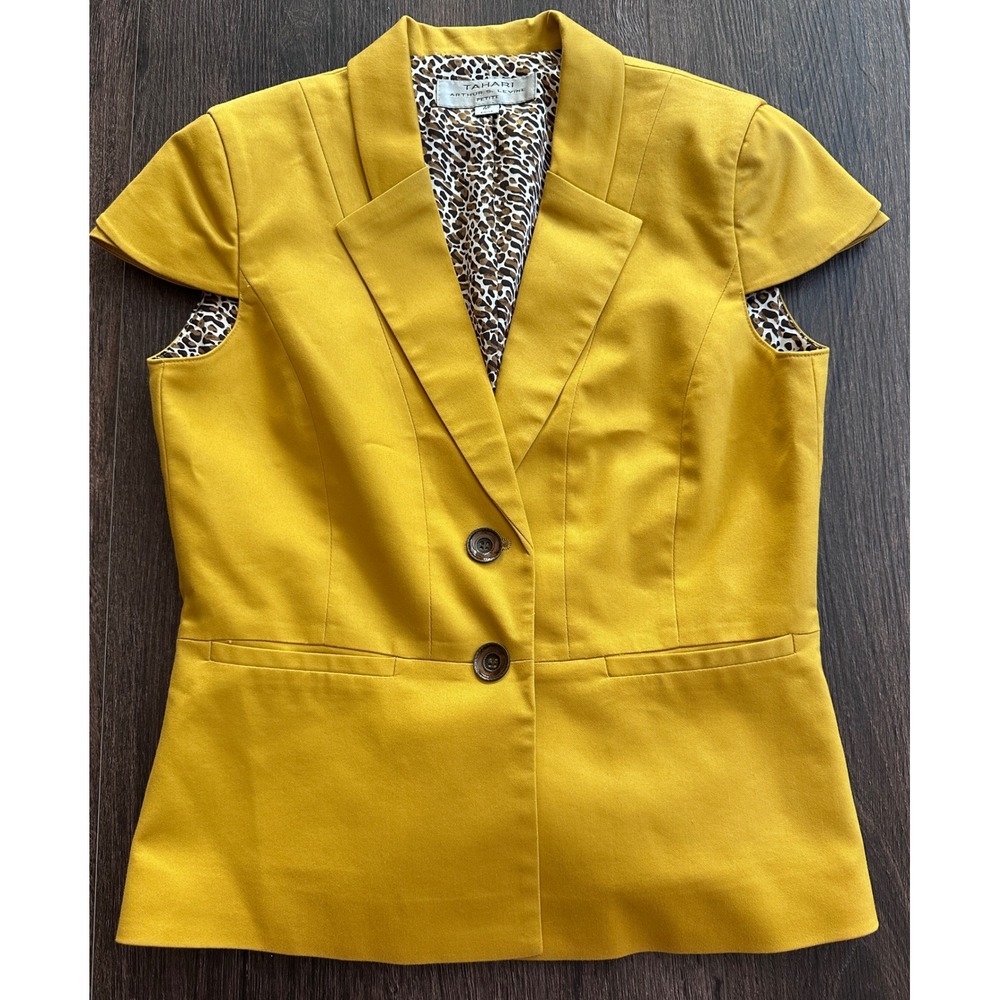 Tahari Women's 4P Mustard Yellow Leopard Lined Short Sleeve Blazer Vest Tailored